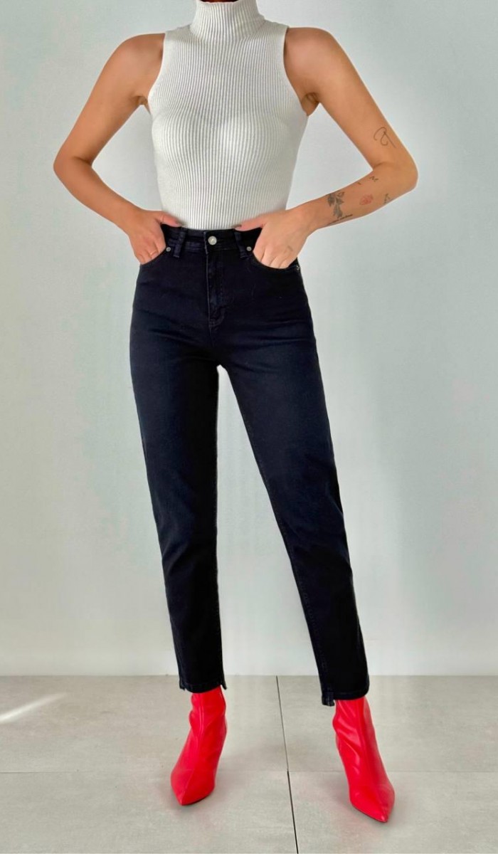 Yüksek Bel Paça Detaylı Blue Black Elis Jean Pantolon
