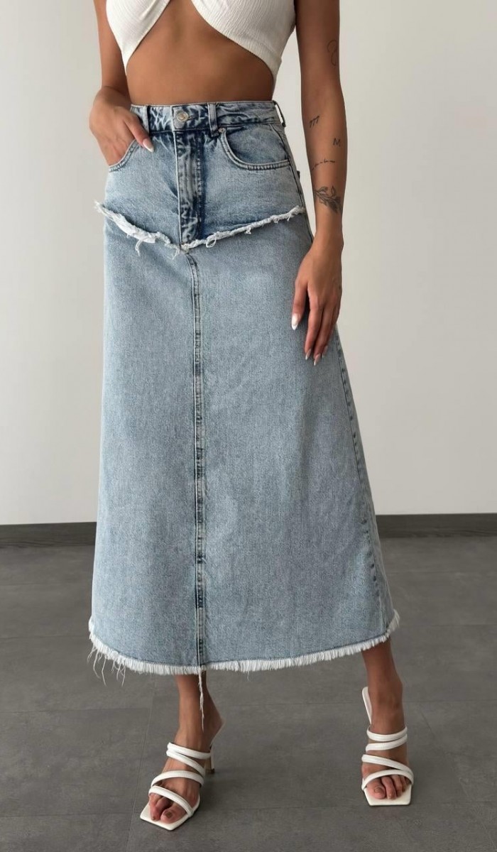 Pis Dikiş Detaylı Yıkama Detaylı Light Blue Denim Etek