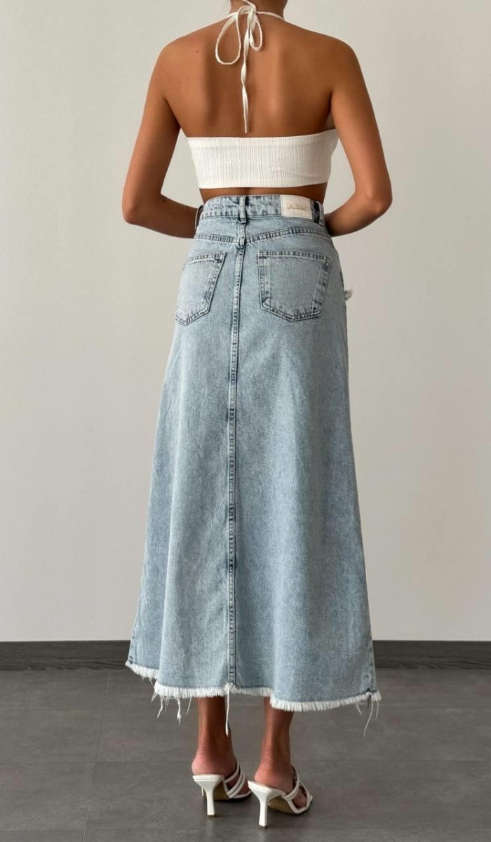 Pis Dikiş Detaylı Yıkama Detaylı Light Blue Denim Etek