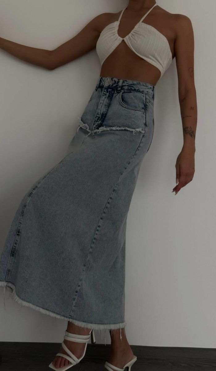 Pis Dikiş Detaylı Yıkama Detaylı Light Blue Denim Etek
