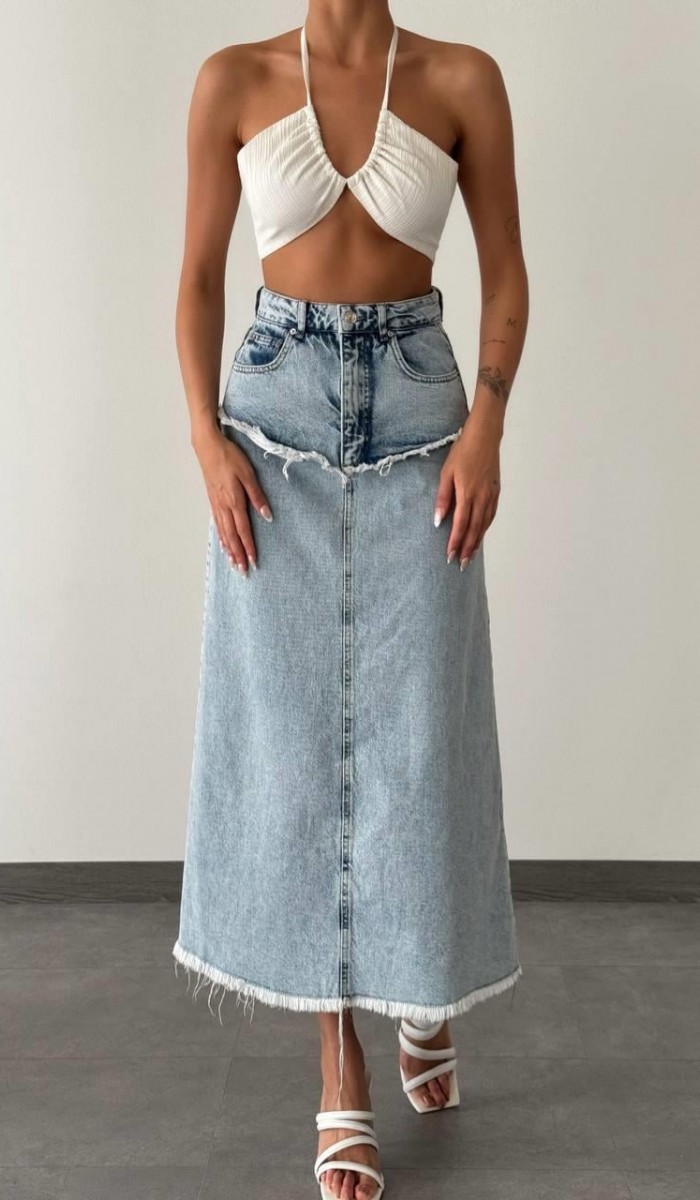 Pis Dikiş Detaylı Yıkama Detaylı Light Blue Denim Etek