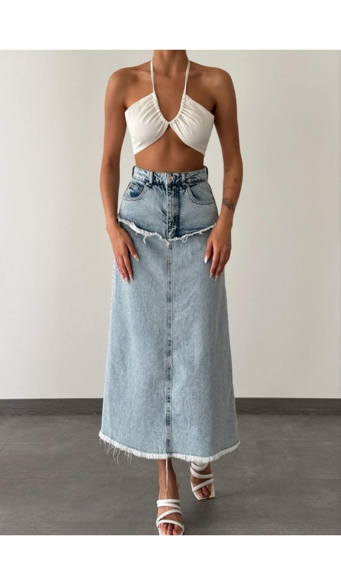 Pis Dikiş Detaylı Yıkama Detaylı Light Blue Denim Etek