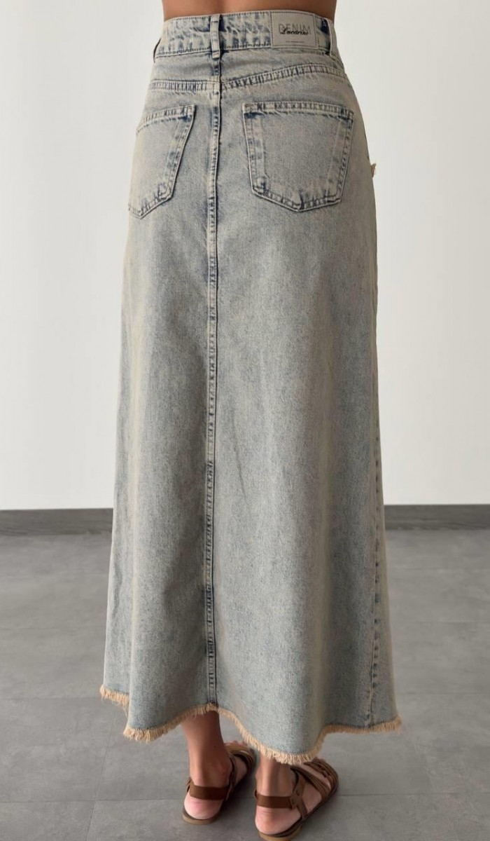 Pis Dikiş Detaylı Bilek Boy Yeşil Tint  Denim Etek