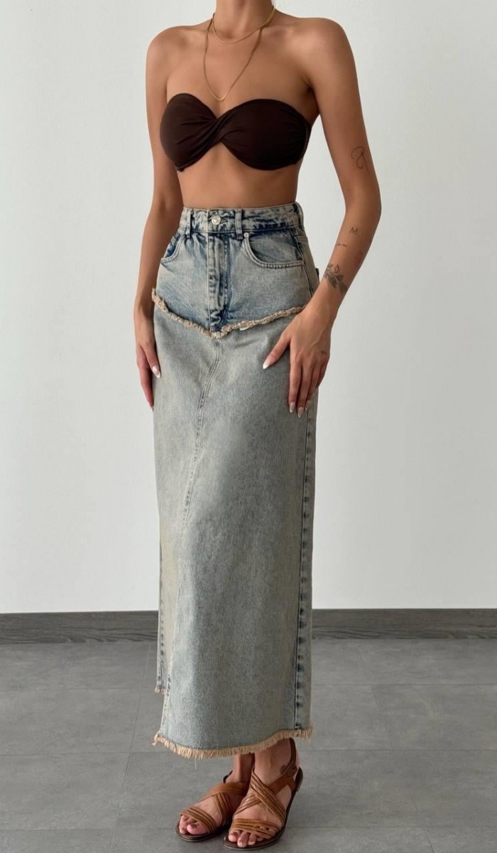 Pis Dikiş Detaylı Bilek Boy Yeşil Tint  Denim Etek