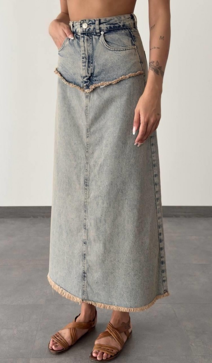 Pis Dikiş Detaylı Bilek Boy Yeşil Tint  Denim Etek