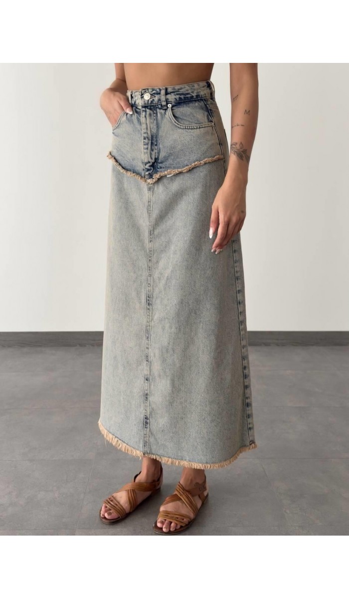 Pis Dikiş Detaylı Bilek Boy Yeşil Tint  Denim Etek