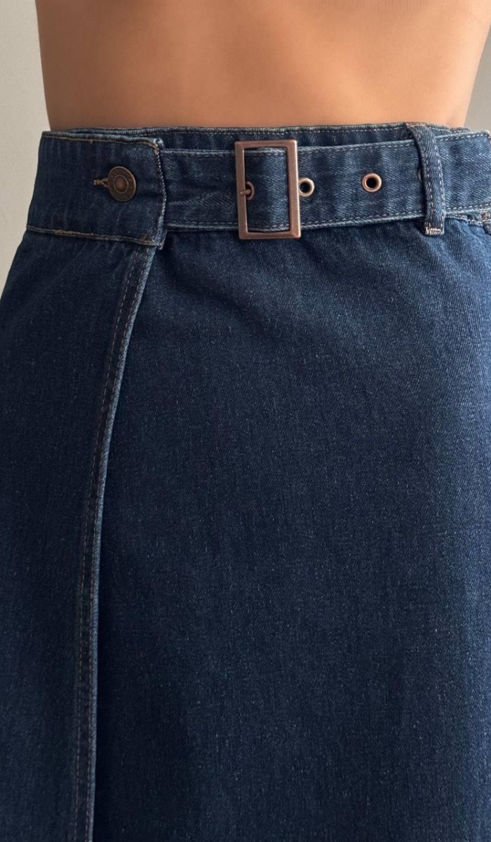 Yırtmaç Detaylı Bilek Boy Dark Blue Etek