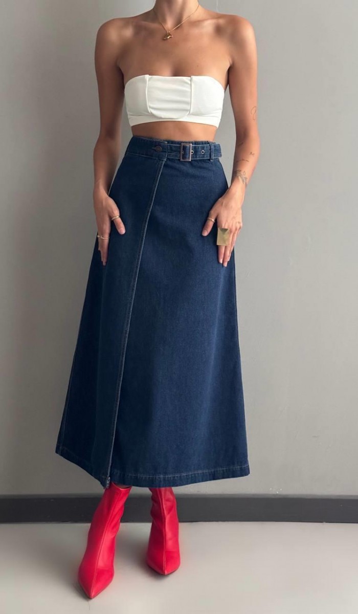 Yırtmaç Detaylı Bilek Boy Dark Blue Etek