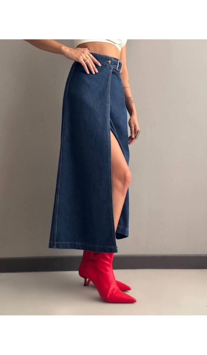 Yırtmaç Detaylı Bilek Boy Dark Blue Etek