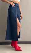 Yırtmaç Detaylı Bilek Boy Dark Blue Etek