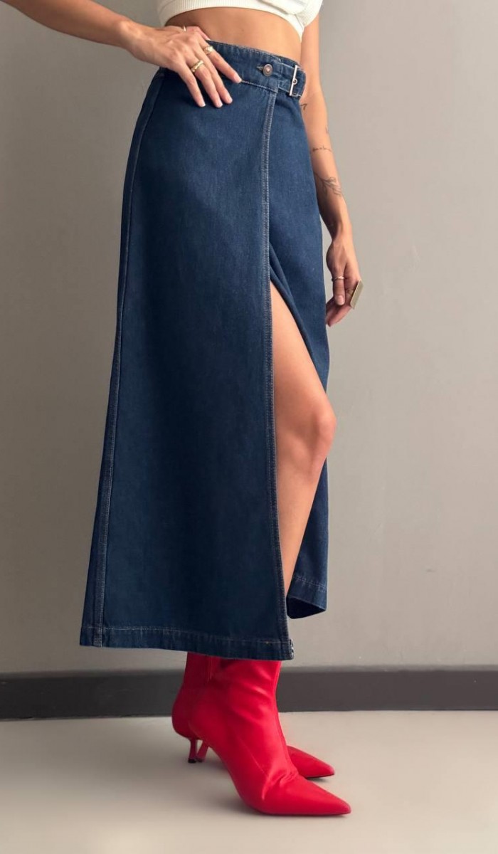 Yırtmaç Detaylı Bilek Boy Dark Blue Etek