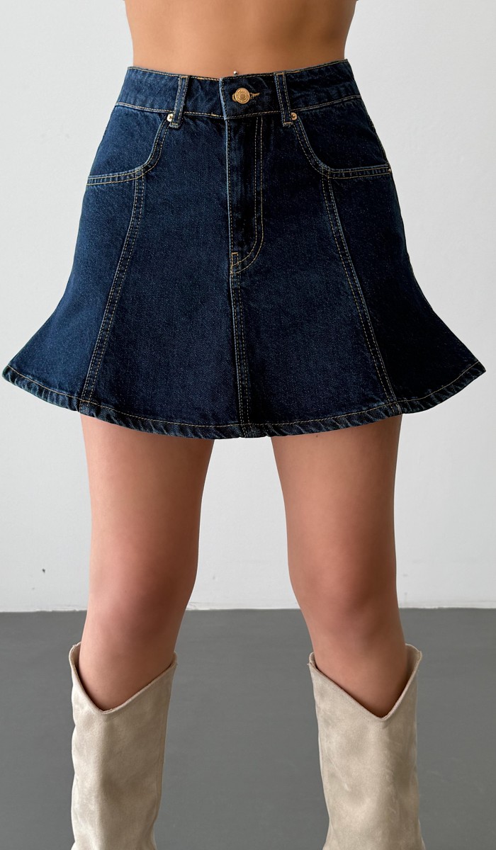 Fır Fır Detaylı Navy Blue Jean Etek