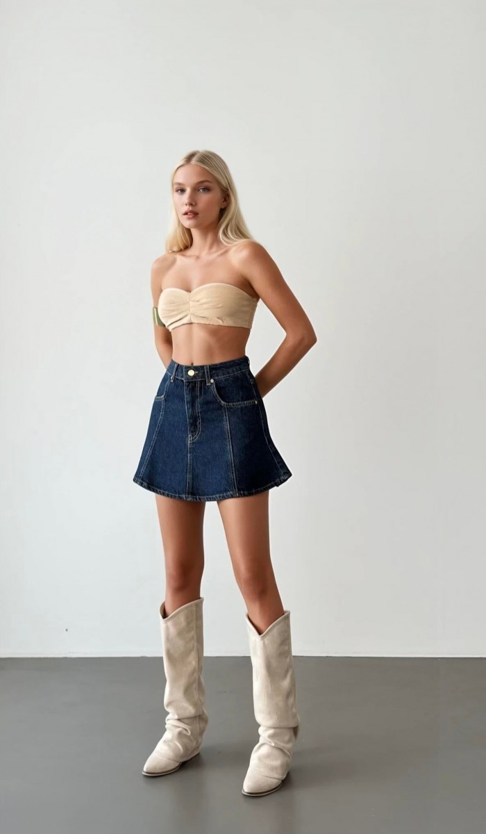 Fır Fır Detaylı Navy Blue Jean Etek