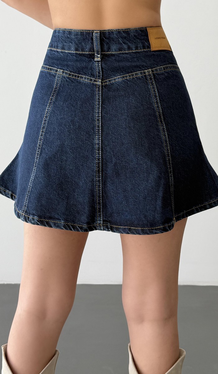 Fır Fır Detaylı Navy Blue Jean Etek