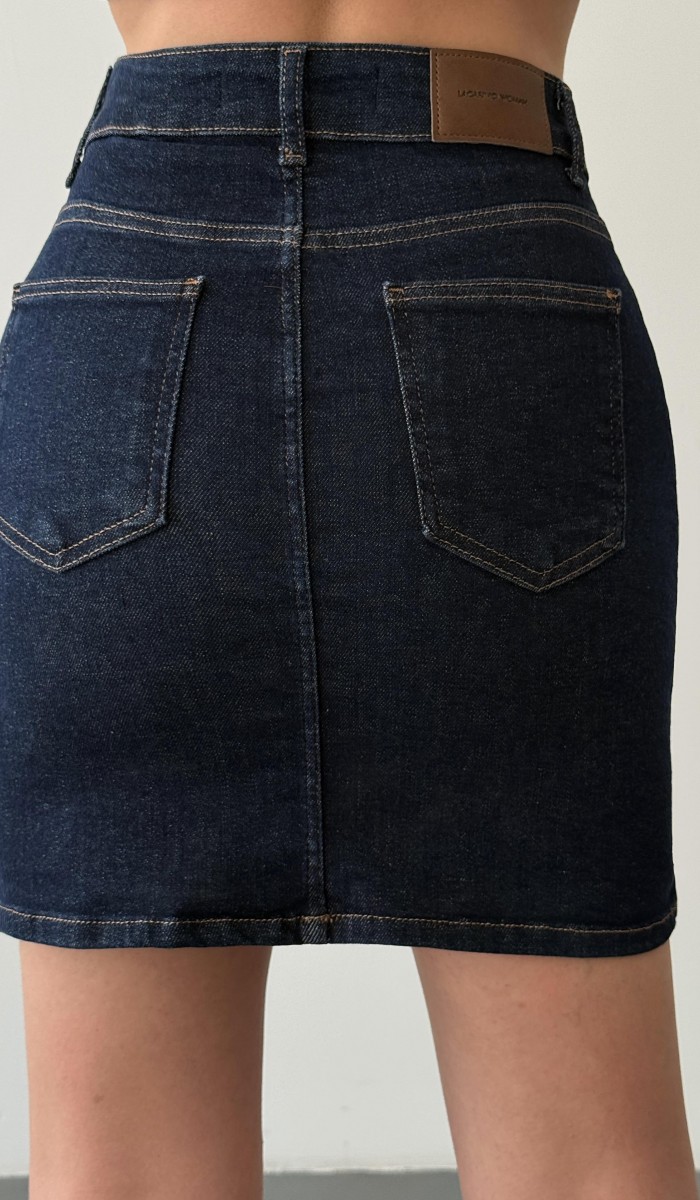 Cep Detaylı Diz Üstü Navy Blue Denim Etek