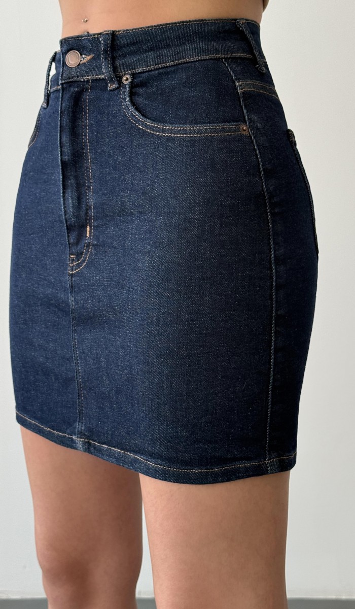 Cep Detaylı Diz Üstü Navy Blue Denim Etek