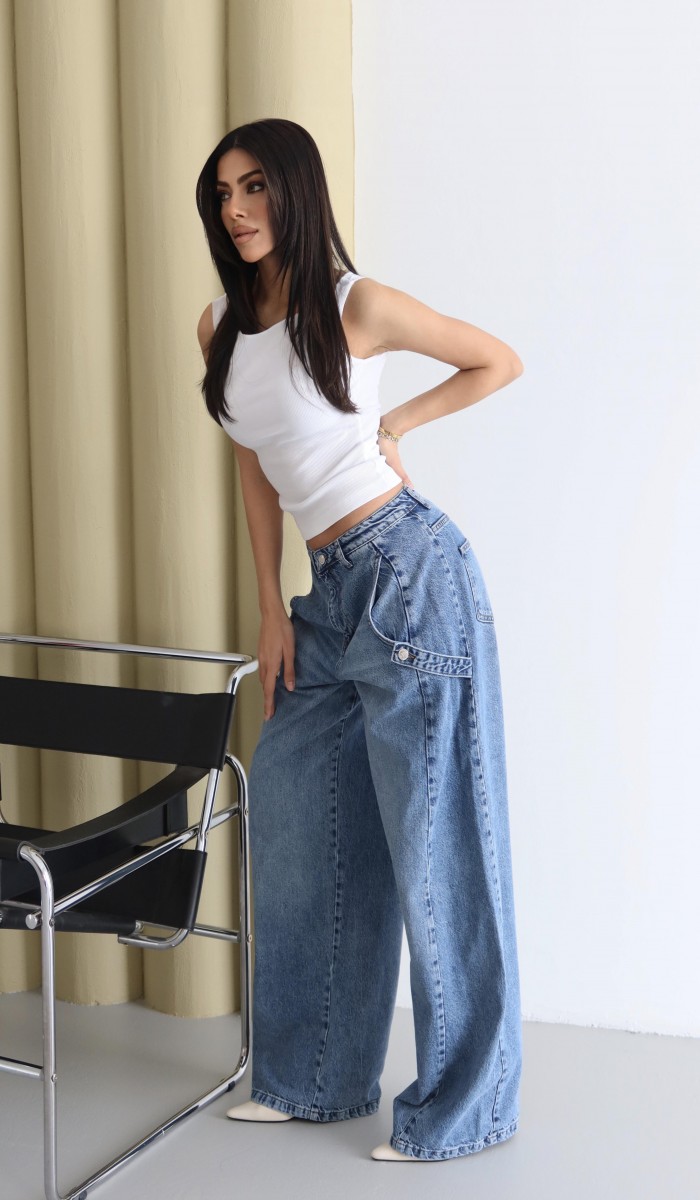 Yüksek Bel Bol Kesim Yandan Cep Altı Detaylı Blue Jean Pantolon