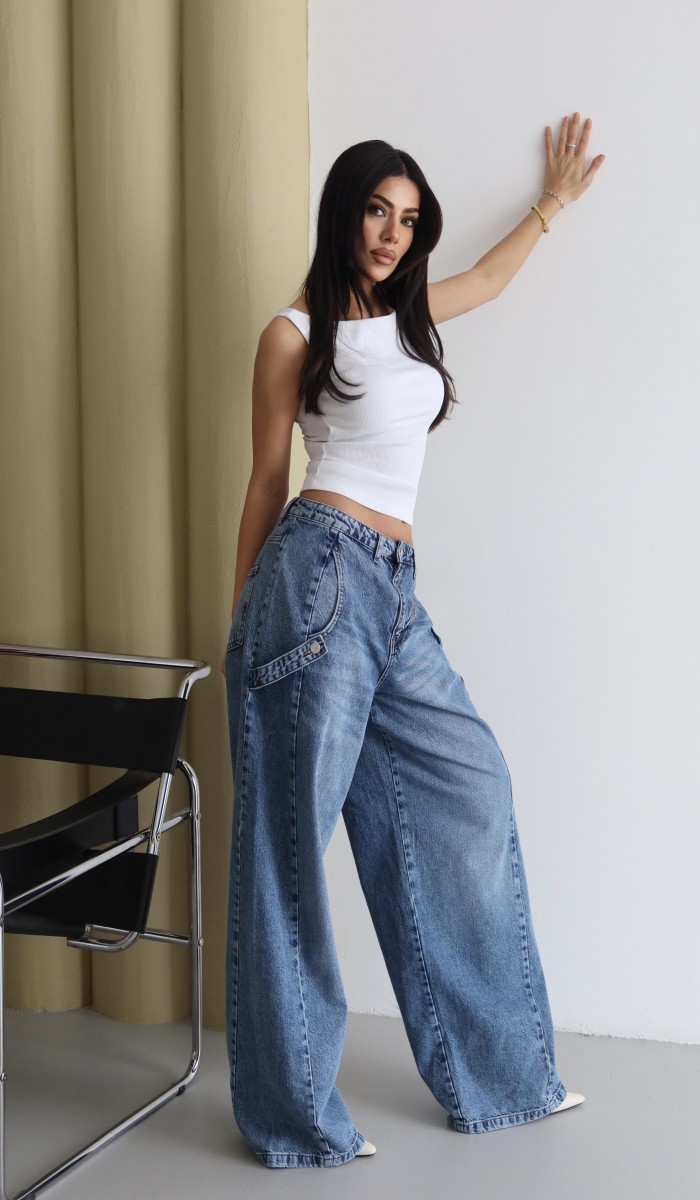 Yüksek Bel Bol Kesim Yandan Cep Altı Detaylı Blue Jean Pantolon