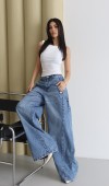 Yüksek Bel Bol Kesim Yandan Cep Altı Detaylı Blue Jean Pantolon