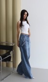 Yüksek Bel Bol Kesim Yandan Cep Altı Detaylı Blue Jean Pantolon