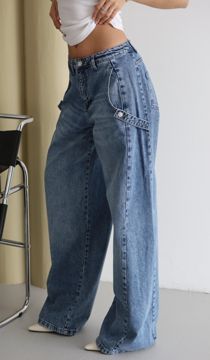 Yüksek Bel Bol Kesim Yandan Cep Altı Detaylı Blue Jean Pantolon Yüksek Bel Bol Kesim Yandan Cep Altı Detaylı Blue Jean Pantolon