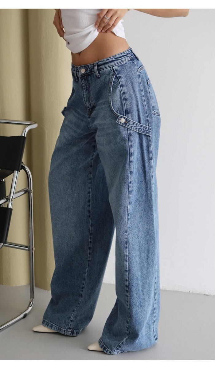Yüksek Bel Bol Kesim Yandan Cep Altı Detaylı Blue Jean Pantolon