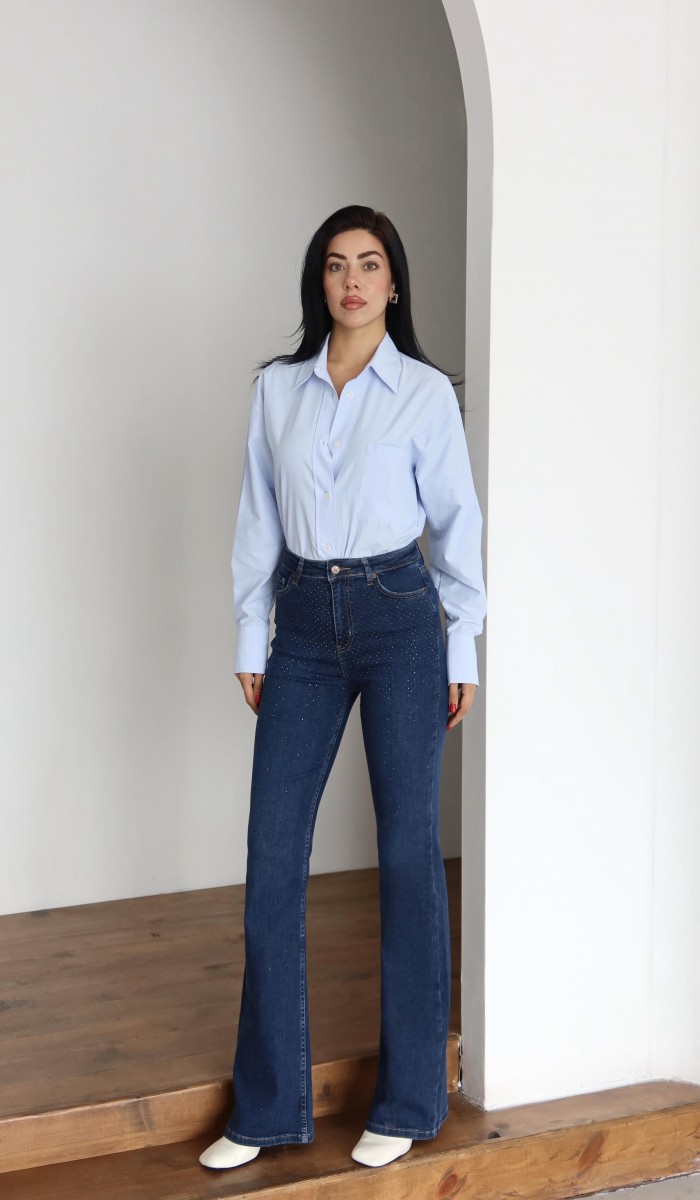 Yüksek Bel Yarım İspanyol Paça Taş Detaylı Dark Blue Jean Pantolon