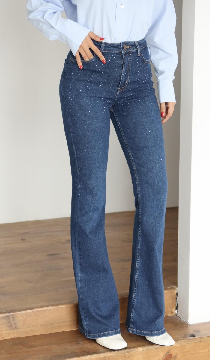 Yüksek Bel Yarım İspanyol Paça Taş Detaylı Dark Blue Jean Pantolon