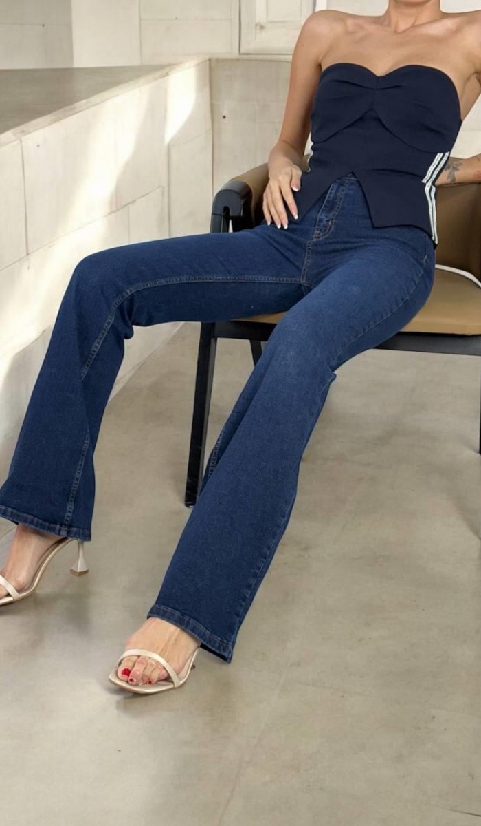 Yüksek Bel İspanyol Paça Dark Blue Kadın Jean Pantolon