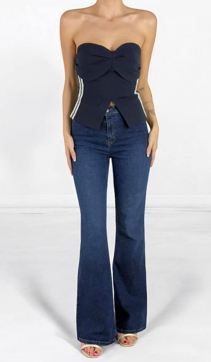 Yüksek Bel İspanyol Paça Dark Blue Kadın Jean Pantolon