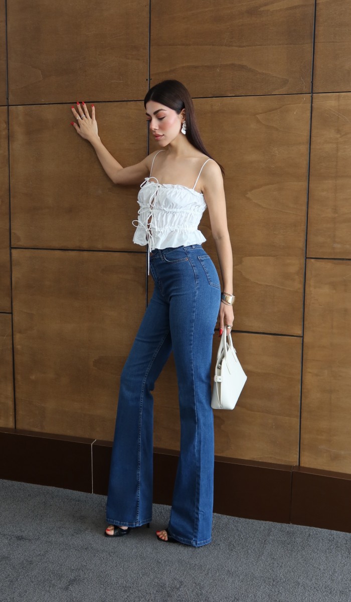 Yüksek Bel Yarım İspanyol Paça Blue Jean Pantolon