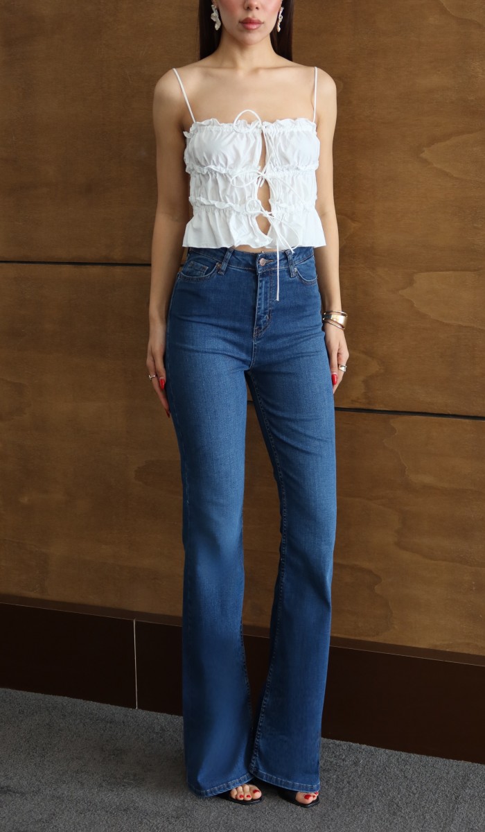 Yüksek Bel Yarım İspanyol Paça Blue Jean Pantolon Yüksek Bel Yarım İspanyol Paça Blue Jean Pantolon