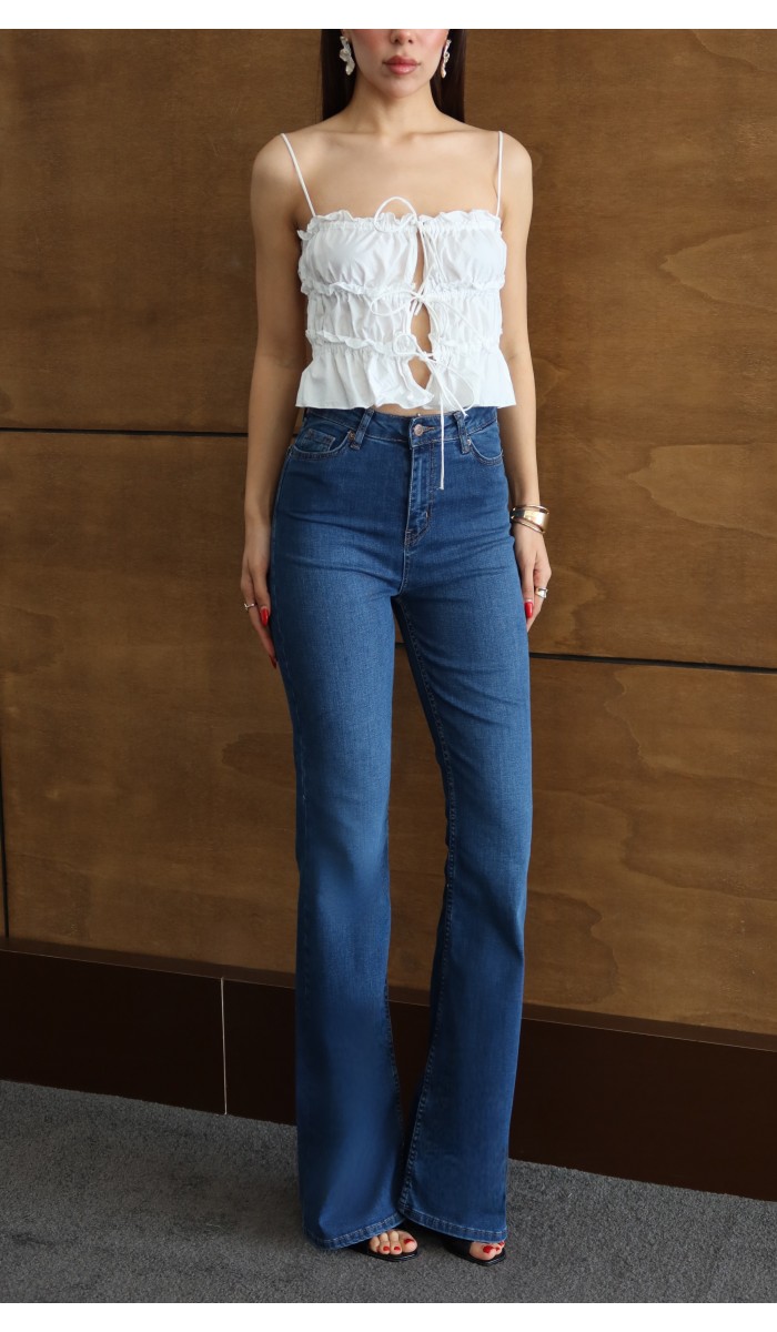 Yüksek Bel Yarım İspanyol Paça Blue Jean Pantolon