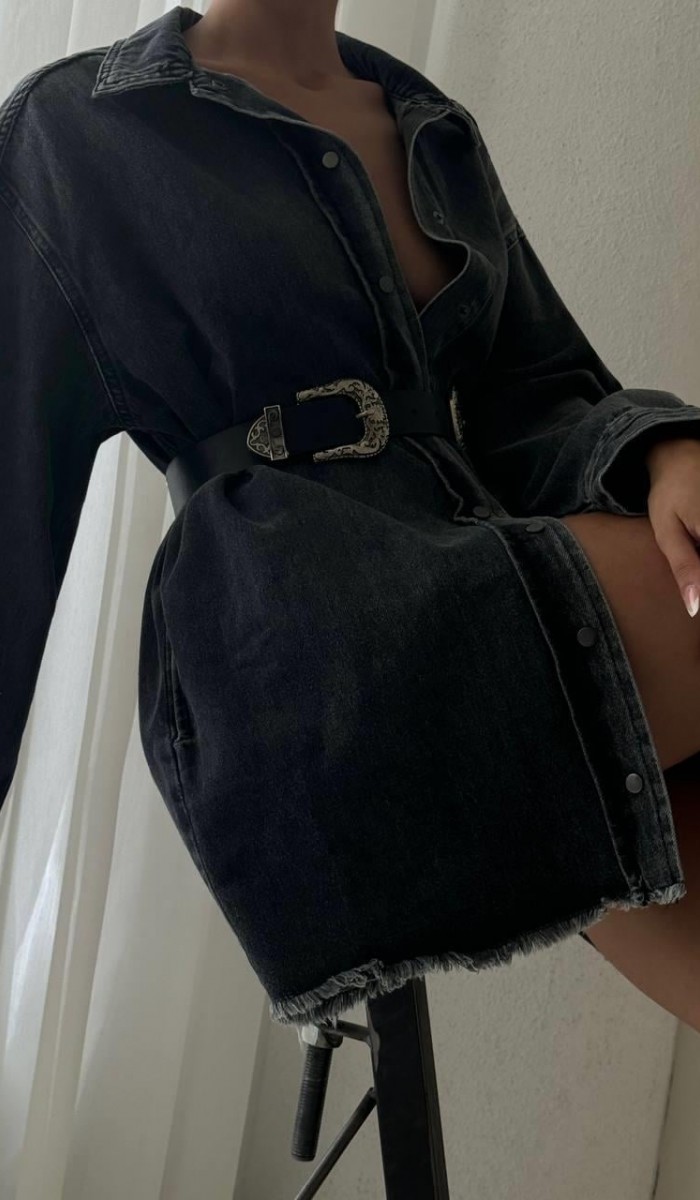 Püskül Detaylı Tunik Boy Antrasit Gömlek