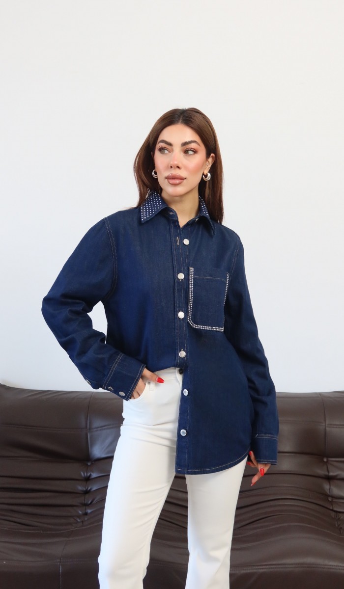 Kadın Yaka Cep Taş Detaylı Rinse Denim Gömlek