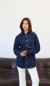 Kadın Yaka Cep Taş Detaylı Rinse Denim Gömlek