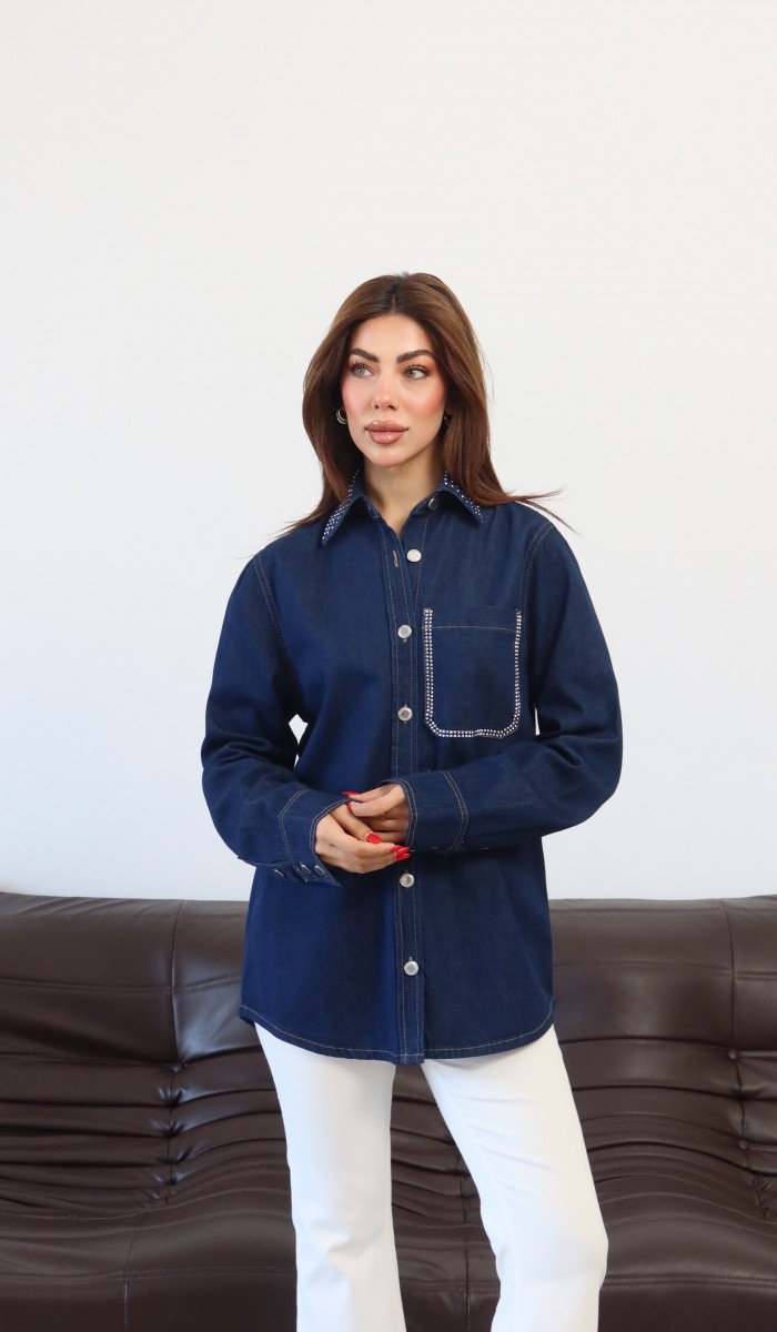Kadın Yaka Cep Taş Detaylı Rinse Denim Gömlek