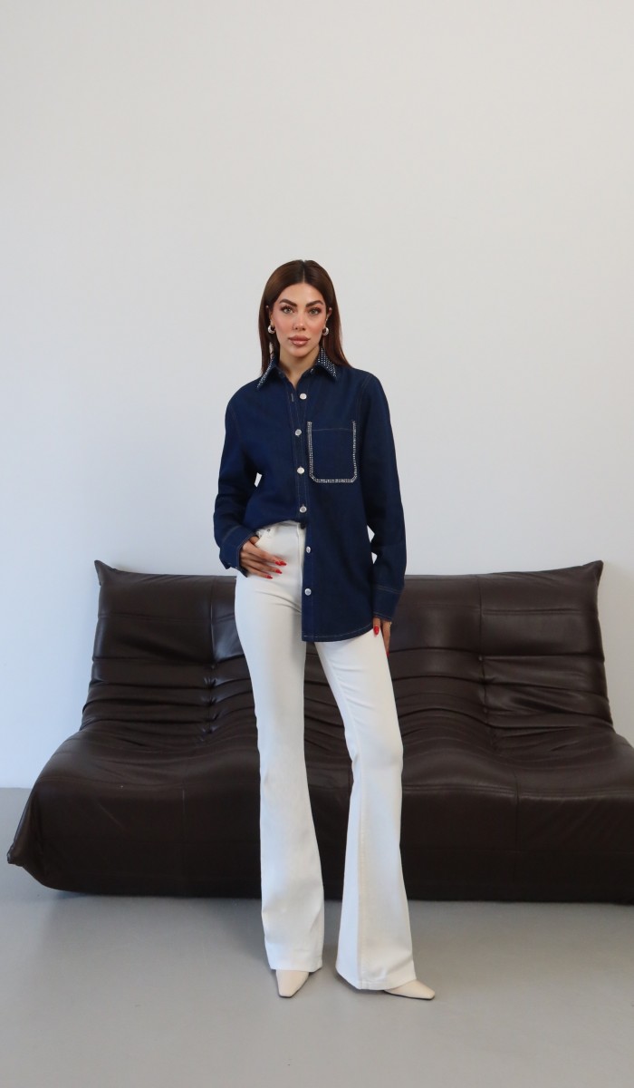 Kadın Yaka Cep Taş Detaylı Rinse Denim Gömlek