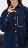 Kadın Yaka Cep Taş Detaylı Rinse Denim Gömlek