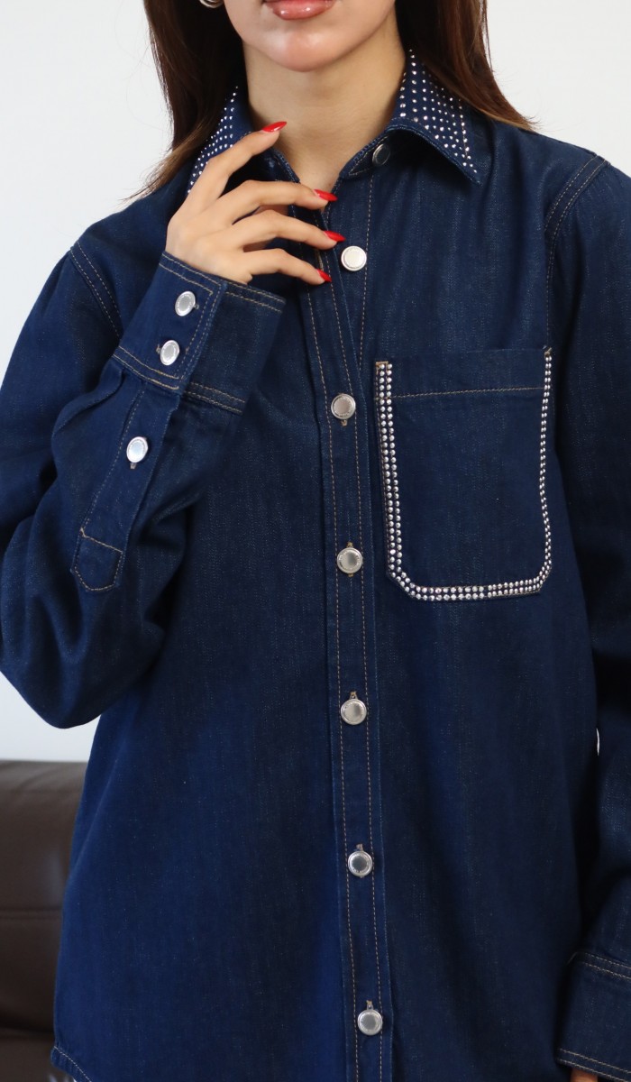 Kadın Yaka Cep Taş Detaylı Rinse Denim Gömlek