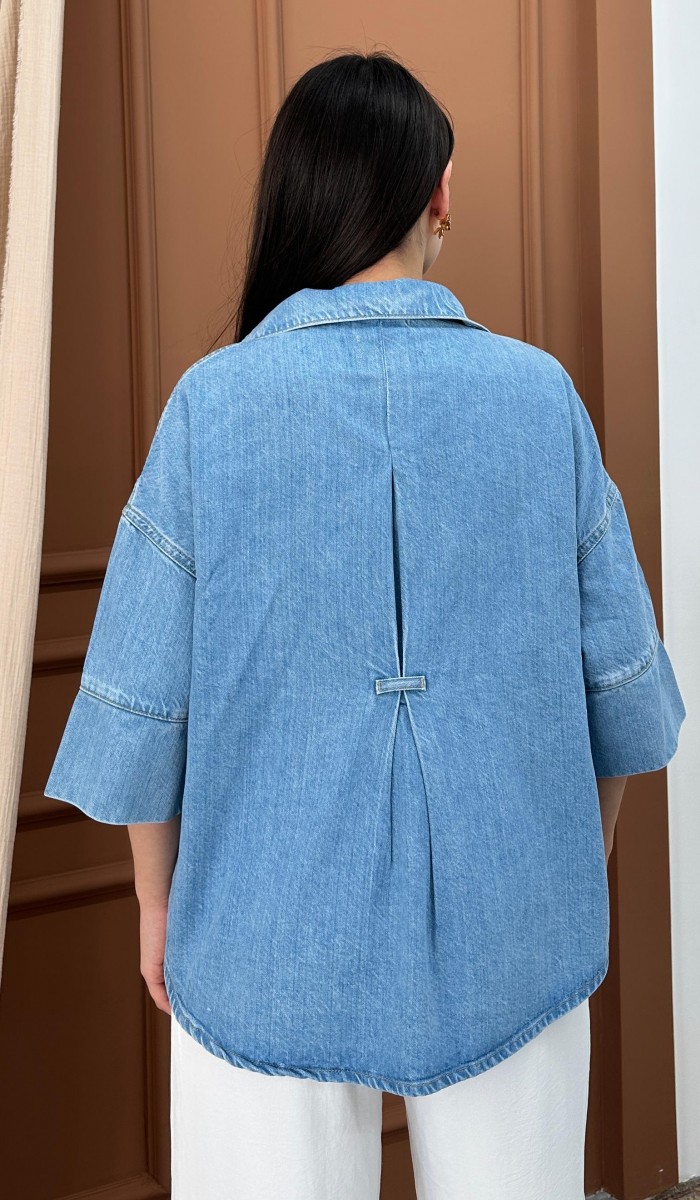 Yarım Kol Arka Köprü Detayı Light Blue Denim Gömlek