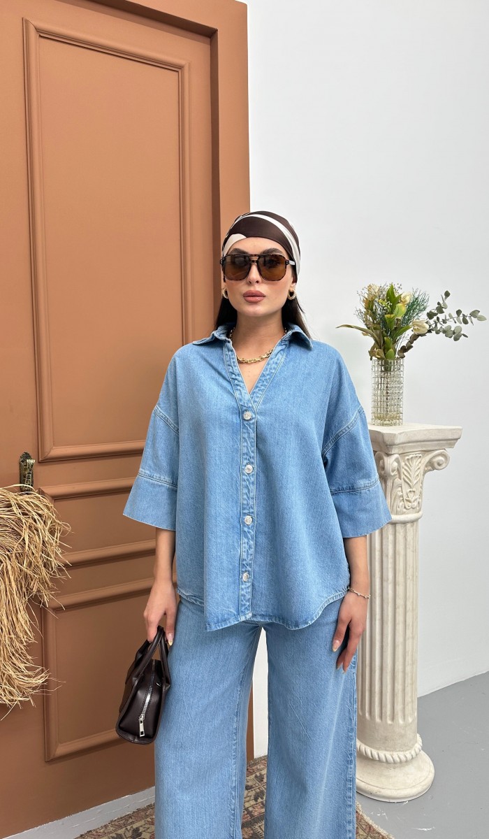 Yarım Kol Arka Köprü Detayı Light Blue Denim Gömlek