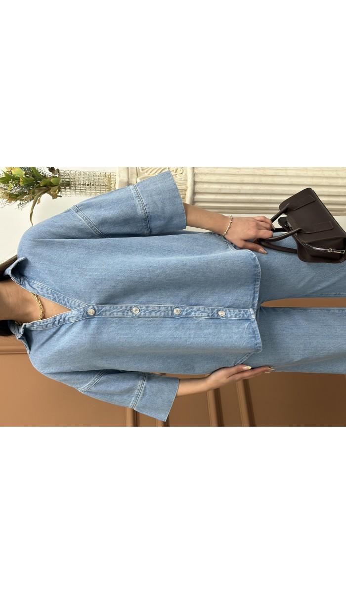 Yarım Kol Arka Köprü Detayı Light Blue Denim Gömlek