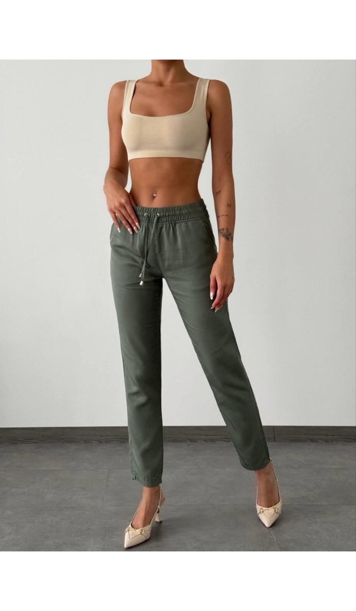 Kadın Bel Lastikli Dar Paça Haki Jogger Pantolon