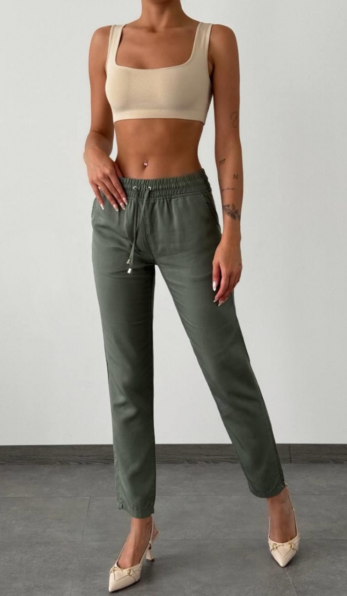 Kadın Bel Lastikli Dar Paça Haki Jogger Pantolon