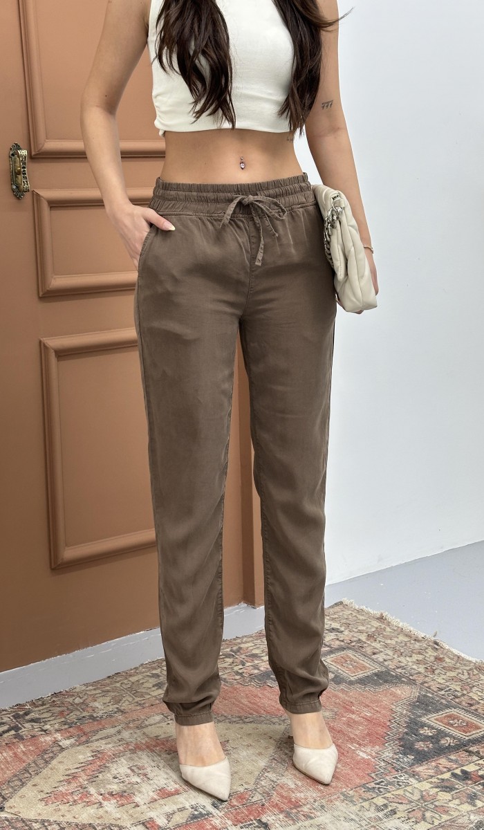 Kadın Bel Lastikli Dar Paça Kahve Jogger Pantolon