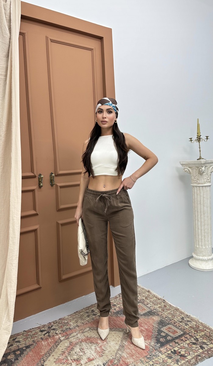 Kadın Bel Lastikli Dar Paça Kahve Jogger Pantolon