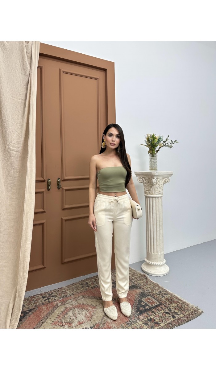 Bel Lastikli Jogger Krem Pantolon