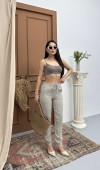 Bel Lastikli Yarım Boru Paça Taş Jean Pantolon Bel Lastikli Yarım Boru Paça Taş Jean Pantolon