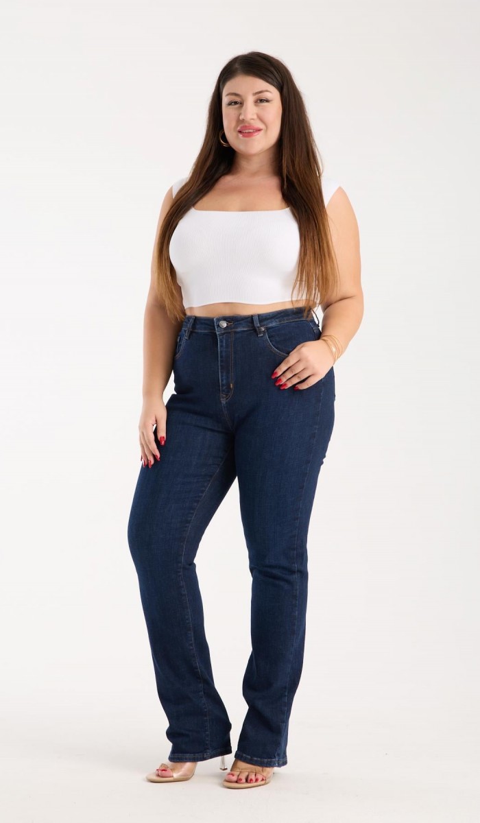 Yüksek Bel Yarım Boru Paça Dark Blue Jean Pantolon